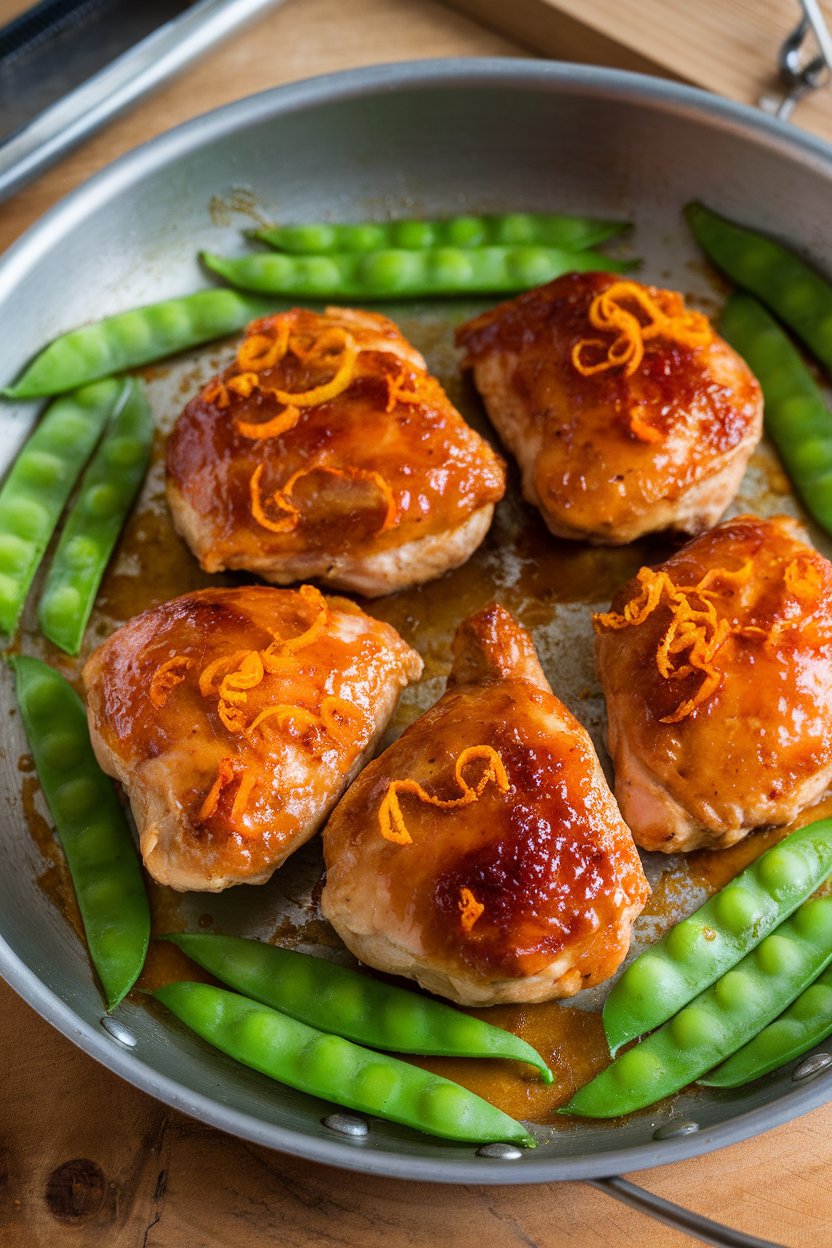 Indoor photo of glazed chicken pieces and bright snow peas on a metal pan, orange zest sprinkled on top. No logos or text.