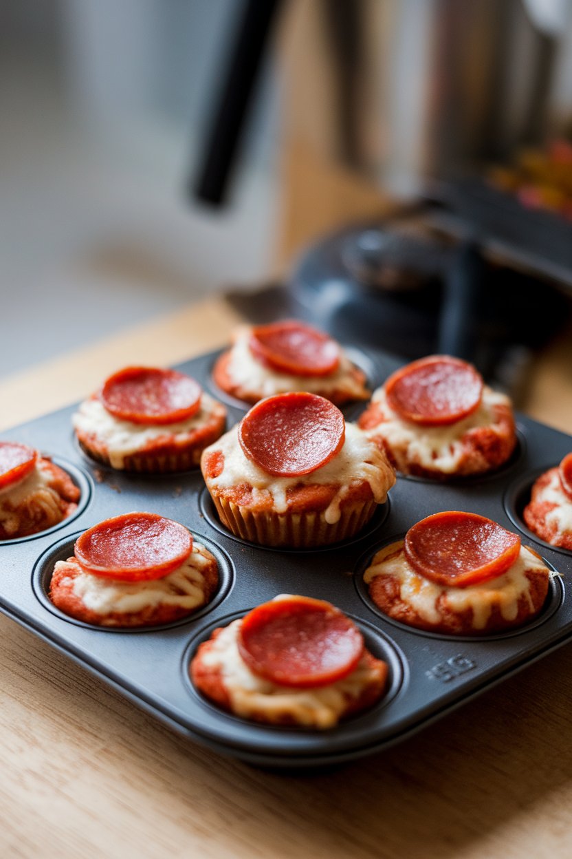 Indoor photo of mini muffin tin pizza bites with melted cheese and pepperoni coins, no text or logos.