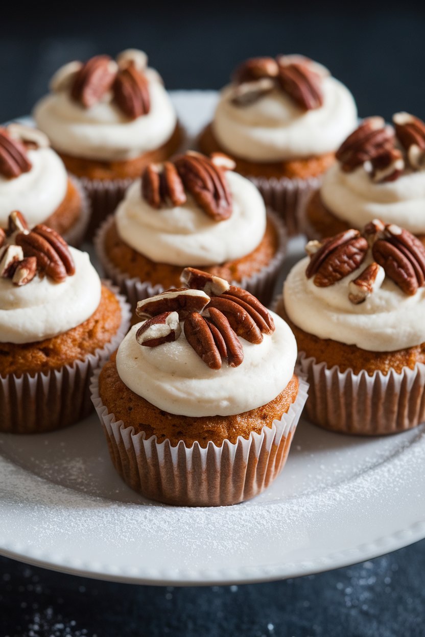 Indoor plate of spiced carrot cake cupcakes crowned with cream cheese frosting and a sprinkle of chopped pecans. No text or logos; photo, not illustration.