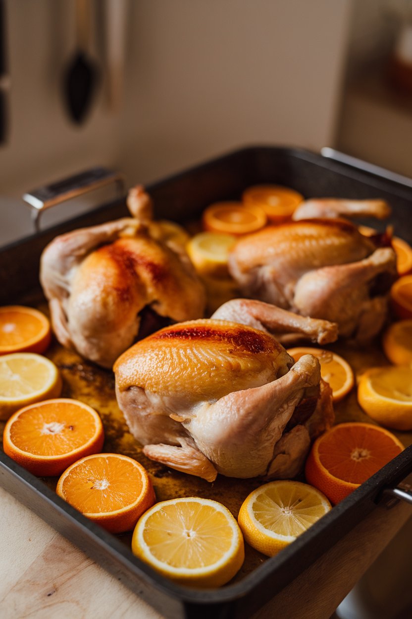Indoor photo of halved roasted Cornish hens with golden skin, orange and lemon slices tucked around, on a roasting tray, no text or logos