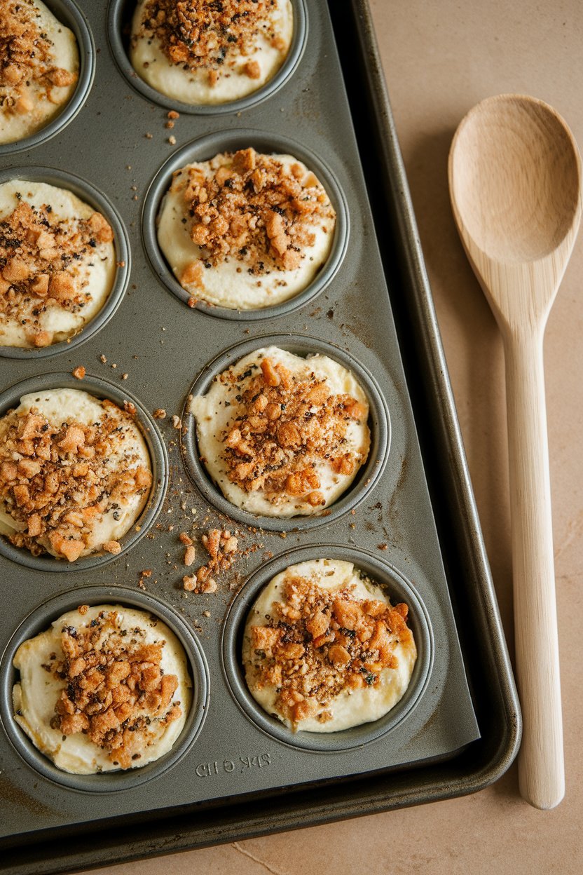 Indoor baking sheet of mini quiches topped with everything bagel seasoning, no brand names in view.