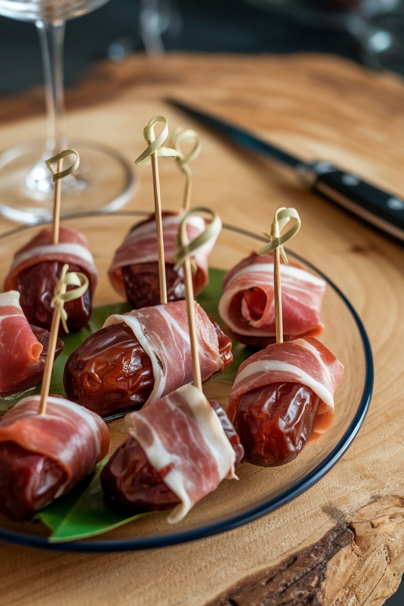 Indoor plate of prosciutto-wrapped Medjool dates secured with toothpicks, glossy and slightly crisp. Photo, no text or logos.