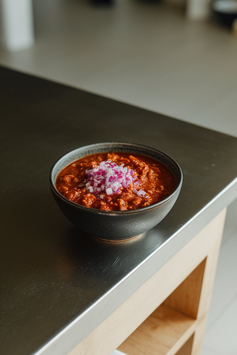 An indoor kitchen island showcasing a dark bowl of beef chili with a subtle sheen, sprinkled with minced red onion. No text or logos.