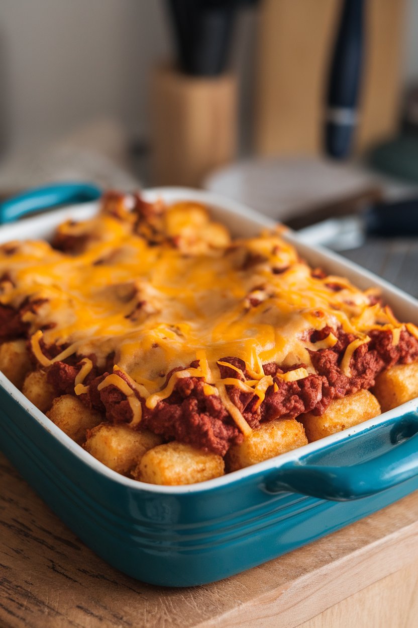 Indoor casserole dish with a crispy layer of tater tots topped with melted cheddar and chili bubbling around the edges. No text or logos.