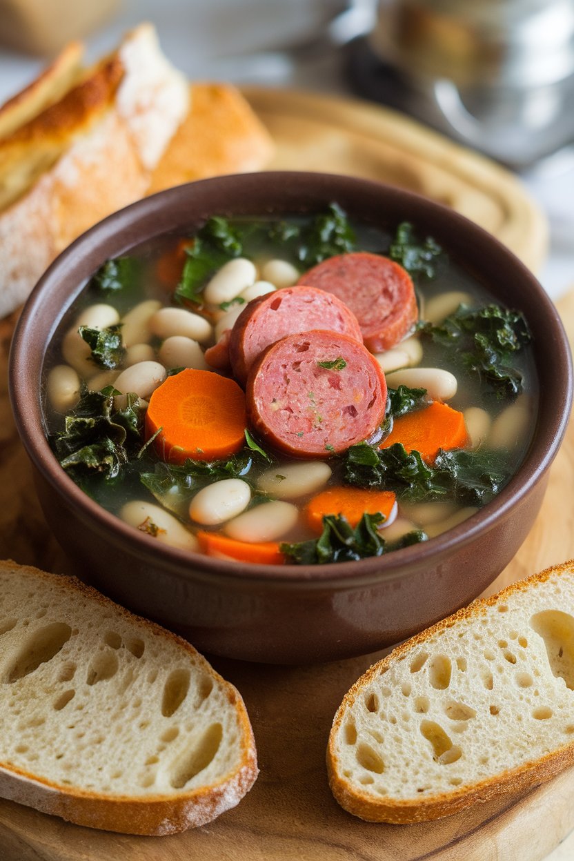 Indoor shot of white bean soup with sliced kielbasa, carrots, and kale in clear broth, served in a deep bowl. No text or logos. Photo.