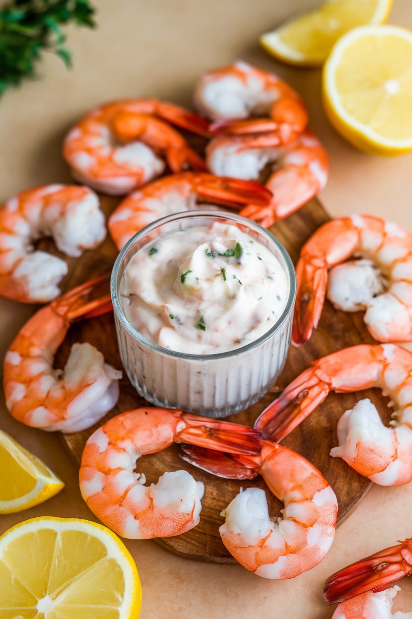 Indoor photo of cooked, chilled shrimp arranged around a small glass of spicy remoulade, lemon wedges nearby. No text or logos.