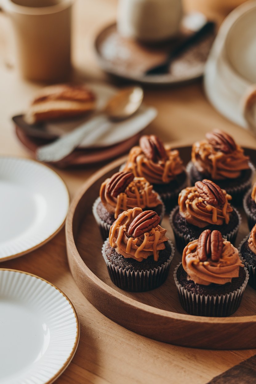 Warm indoor image of chocolate cupcakes topped with caramel drizzle, pecan halves, and a swirl of buttercream, arranged on a wooden tray. No text or logos.