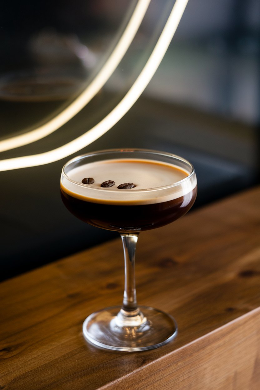 Photo of a coupe indoors with dark espresso martini, three coffee-bean garnish, subtle neon reflection, no text or logos