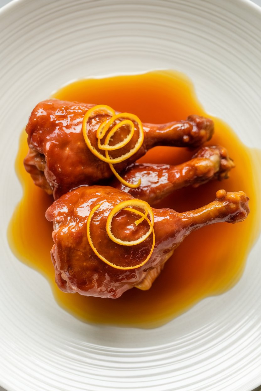 Indoor photo of lacquered duck legs with sticky orange glaze pooled on a plate, thin orange zest curls on top, no text or logos