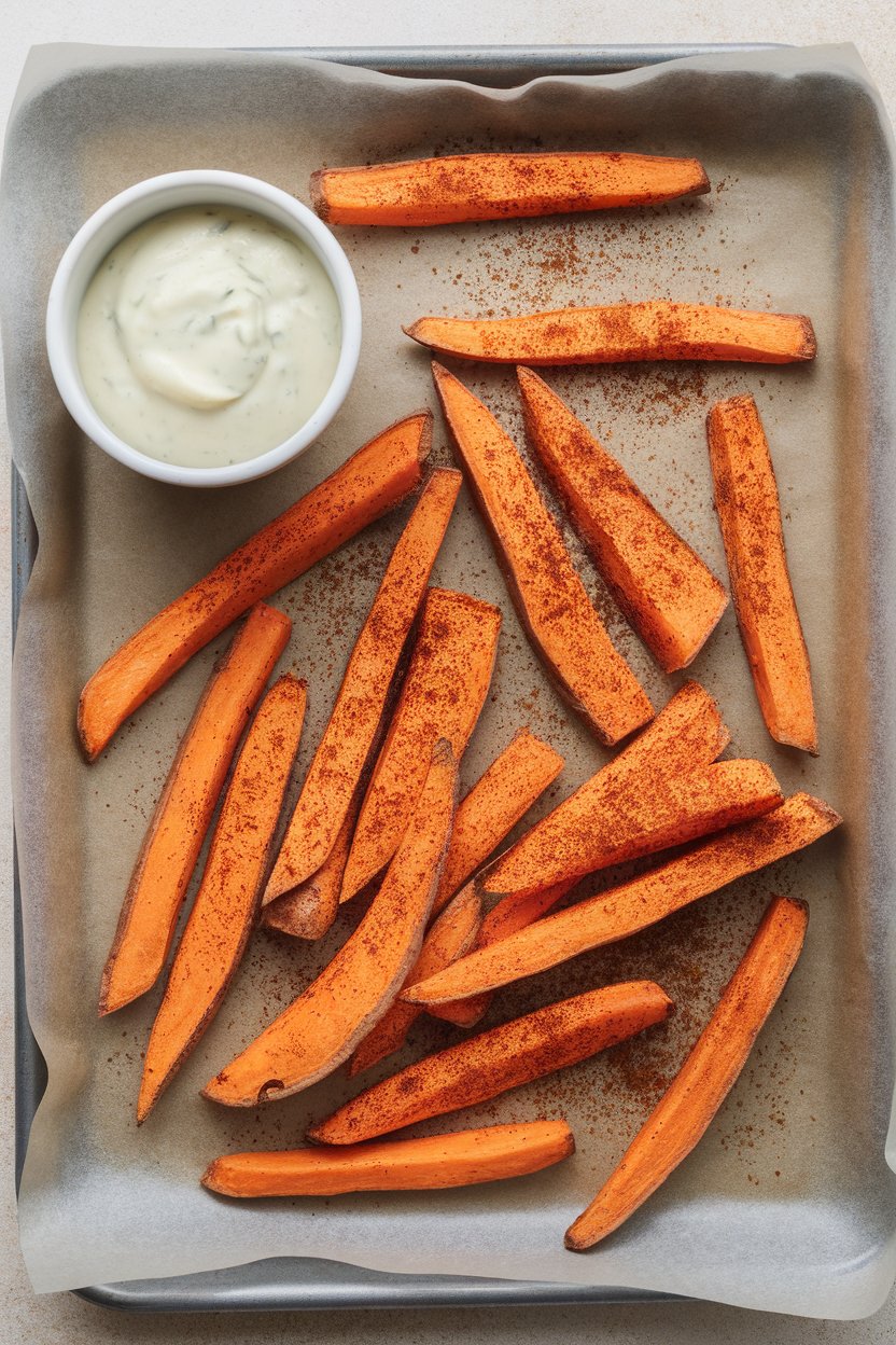 Indoor tray lined with parchment showing roasted sweet potato fries dusted with Cajun seasoning, small cup of garlic aioli alongside. No text or logos.