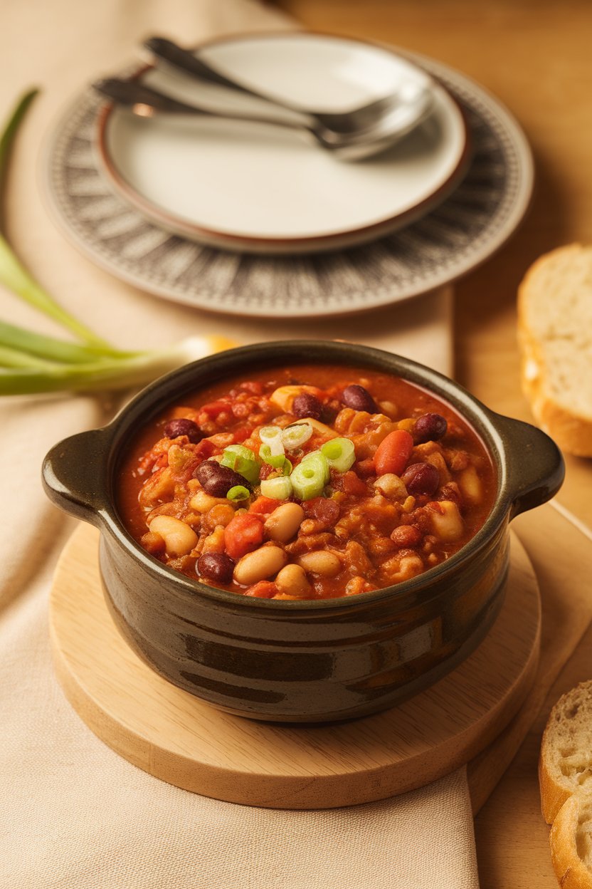 Photo of a ceramic bowl of thick turkey chili featuring beans and colorful vegetables, garnished with green onions, indoor table setting. No text or logos.