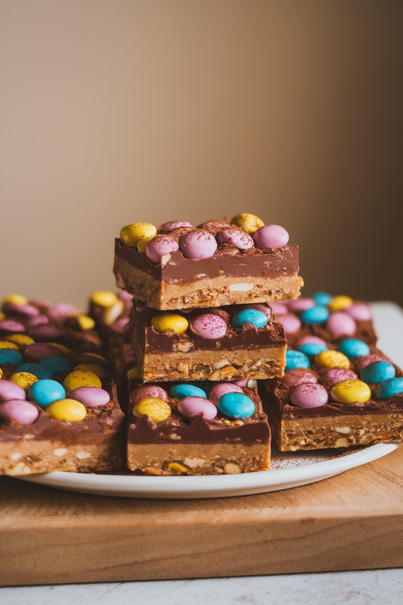 A cutting board indoors stacked with oat-peanut butter cookie bars loaded with colorful candy-coated chocolates. No text or logos; photo, not illustration.