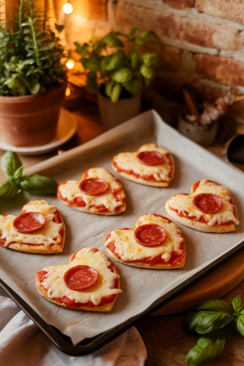Mini heart pizzas on a parchment-lined indoor baking sheet, cheese melted and a single pepperoni slice centered on each. Warm indoor lighting, no logos.