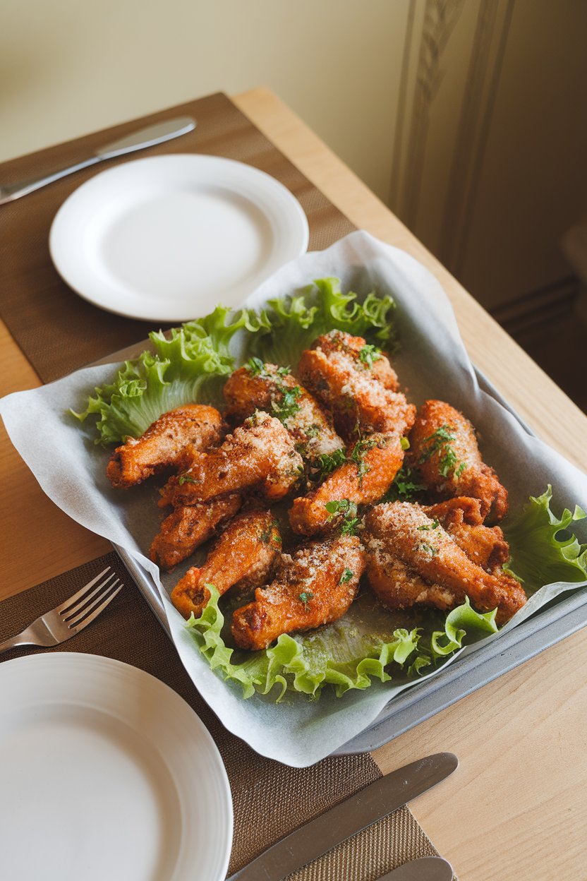 An indoor dining table with a parchment-lined tray of baked chicken wings coated in visible garlic bits and grated Parmesan, sprinkled with chopped parsley. Soft overhead lighting, no text or logos.