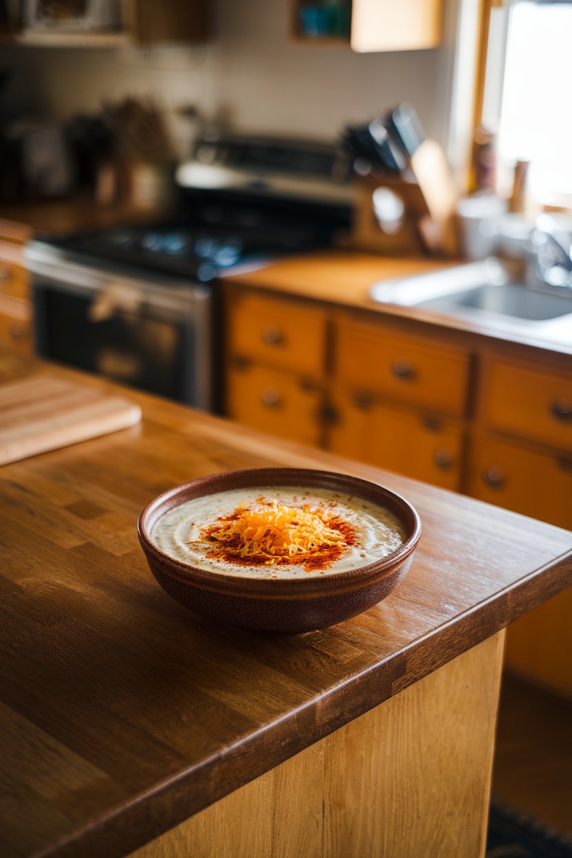 Indoor kitchen island with a bowl of creamy corn chowder topped with cotija cheese and chili powder. No text or logos.