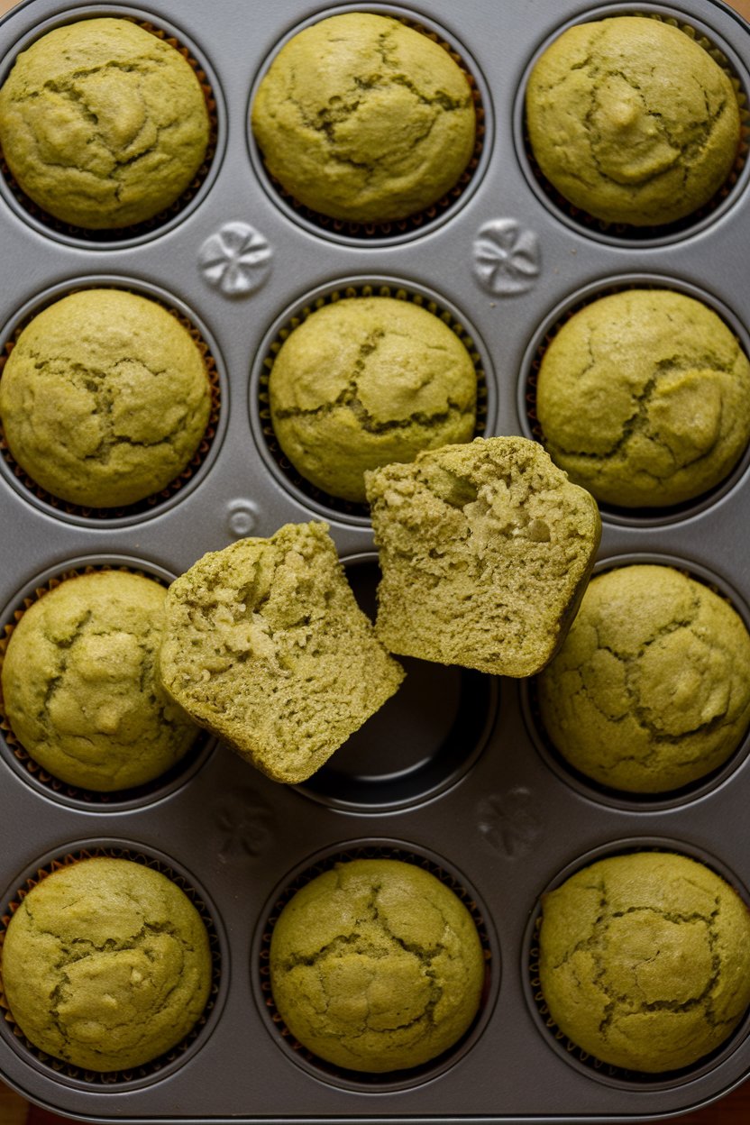 An indoor muffin tin with bite-size green muffins, a single one split open to show fluffy crumb, no text or logos. Photo only.
