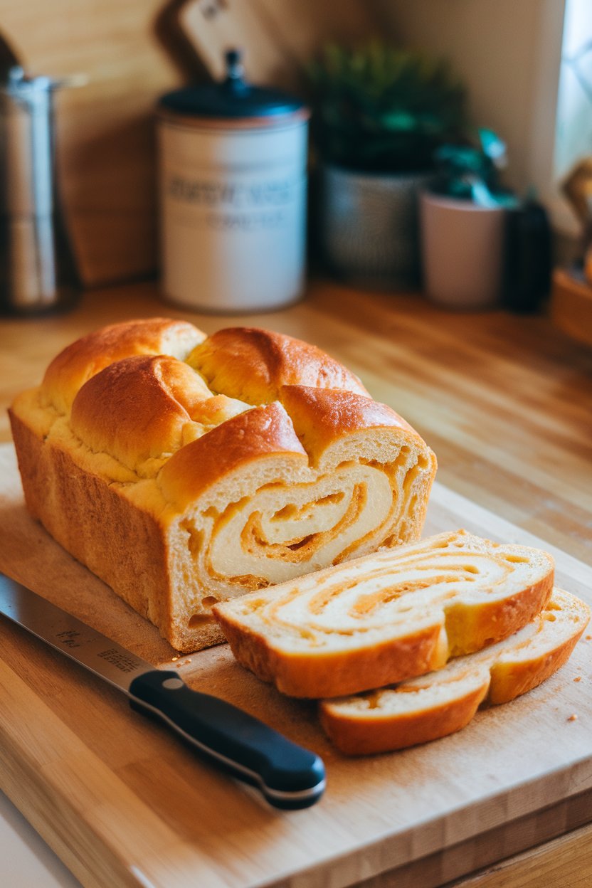Indoor kitchen counter with a sliced loaf of golden beer bread, melted cheese swirled throughout, a bread knife resting on a cutting board. No text or logos.