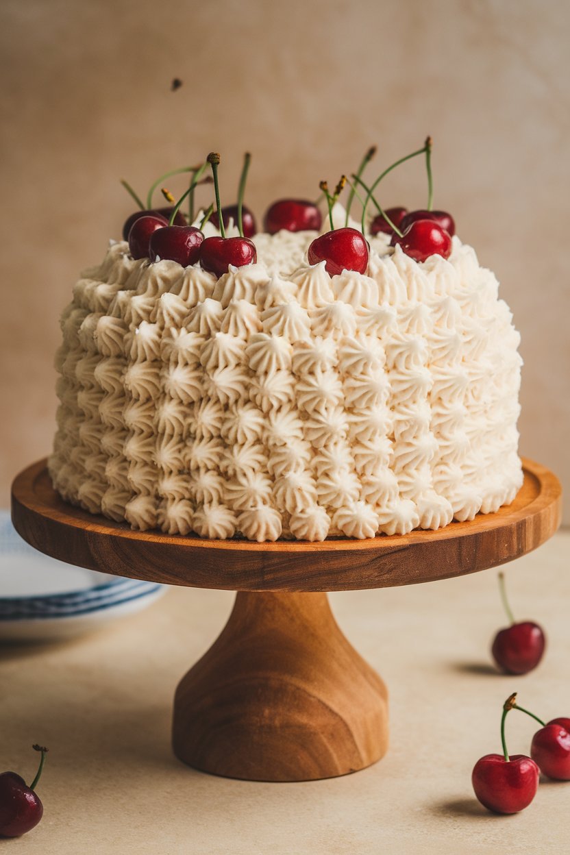 An indoor cake stand holding a dome-shaped cherry cake covered entirely in fluffy white frosting piped like pom-poms, red cherry accents peeking out—no text or logos.