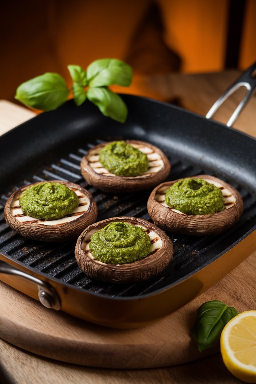 An indoor grill pan displaying cooked portobello caps drizzled with bright green basil pesto. Warm lighting; no visible text or logos.