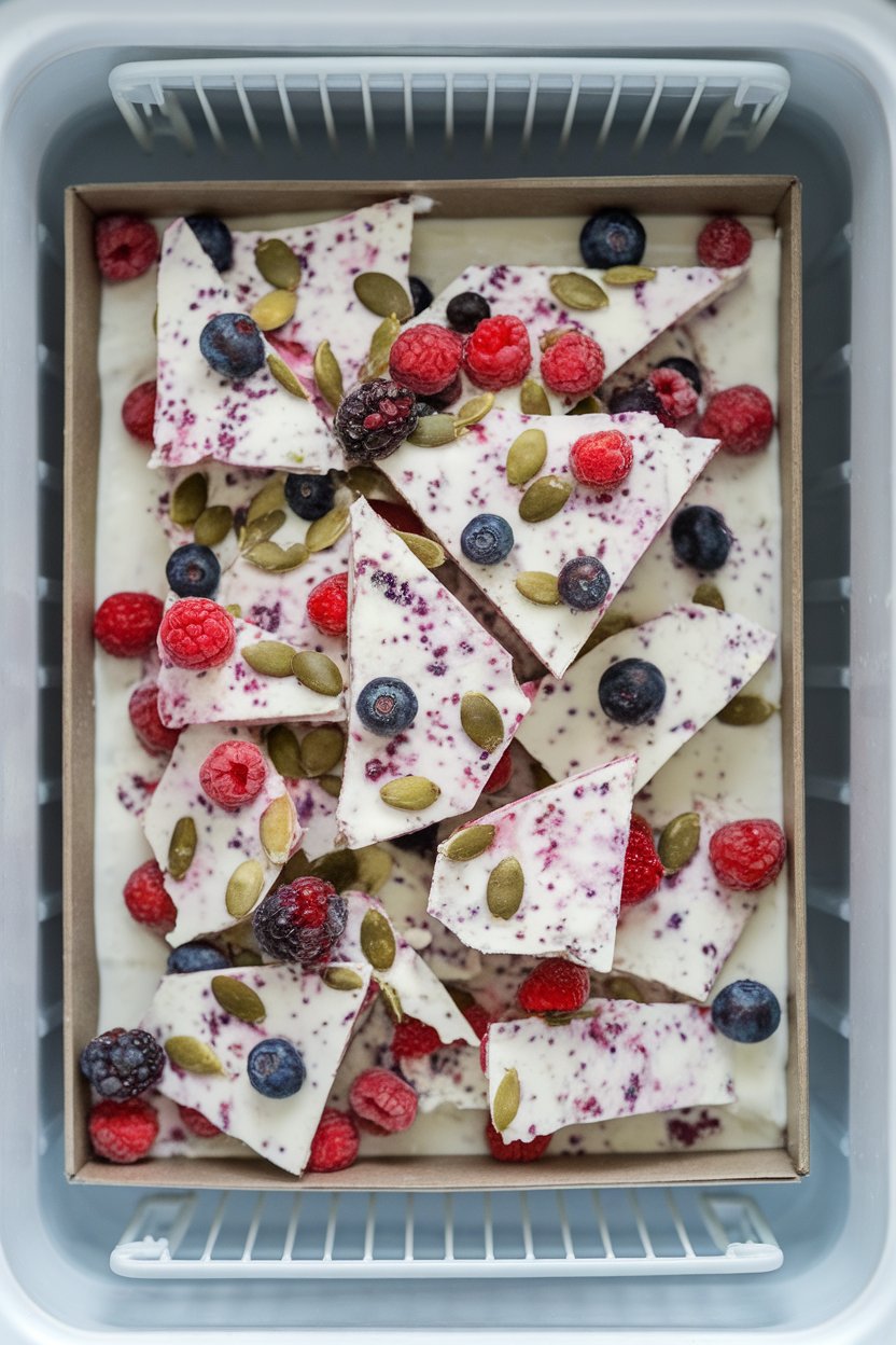 An indoor freezer shelf view of a tray lined with yogurt bark speckled with mixed berries and pumpkin seeds, broken into rustic pieces; no text or logos, photo only.
