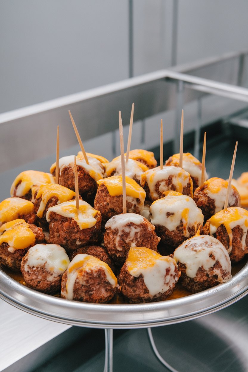 An indoor platter of browned meatballs topped with melted pepper jack, toothpicks inserted for easy grabbing; no logos or text.