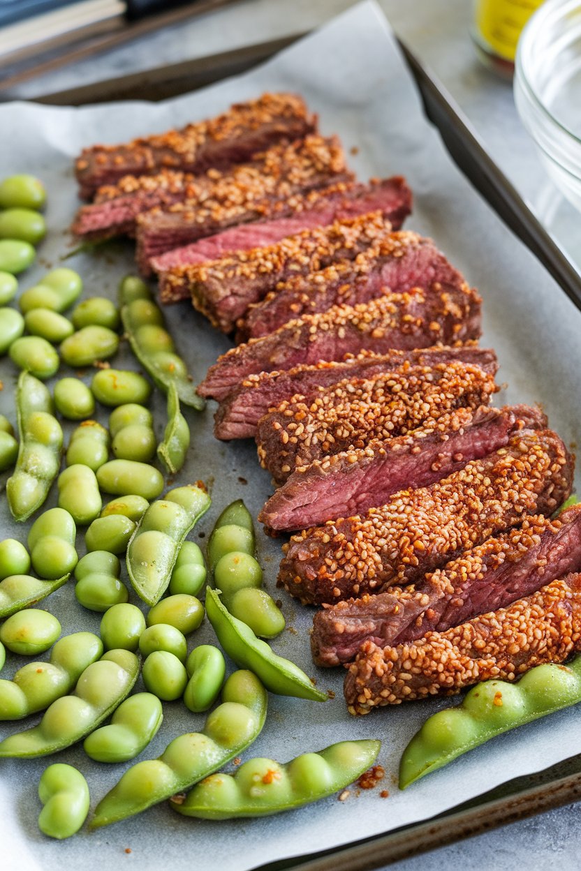Indoor photo of sesame-coated beef strips and bright green shelled edamame roasted together on a sheet pan. No text or logos.