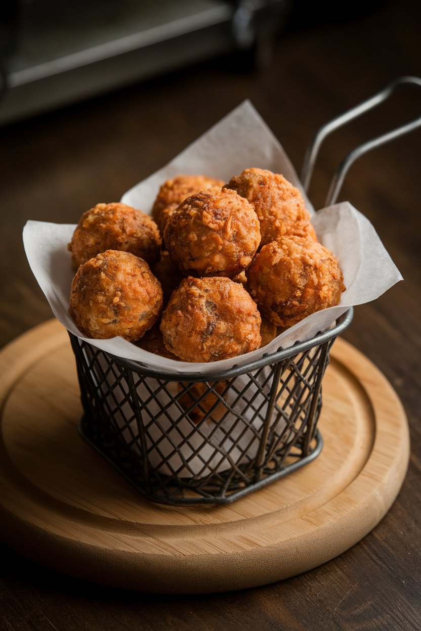 Indoor photo of fried boudin balls stacked in a small serving basket lined with paper; no text or logos