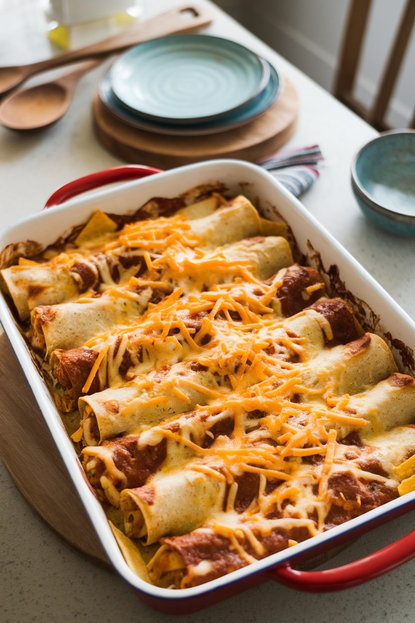 Indoor kitchen island with a baking dish of tomatillo green chile enchilada casserole, cheese melted and slightly browned. No text or logos. Photo, not illustration.