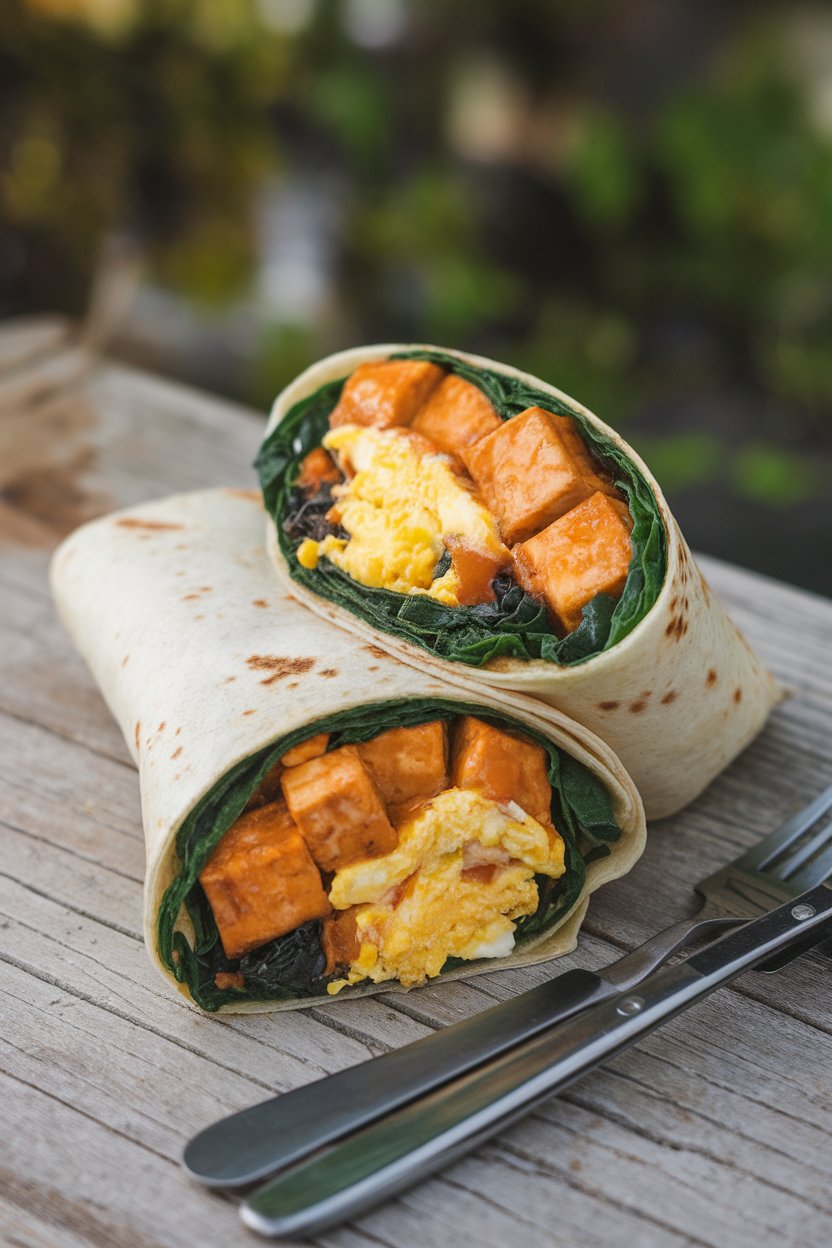 Indoor wrap cut open to reveal orange-glazed tofu, scrambled egg, and spinach, no visible branding.
