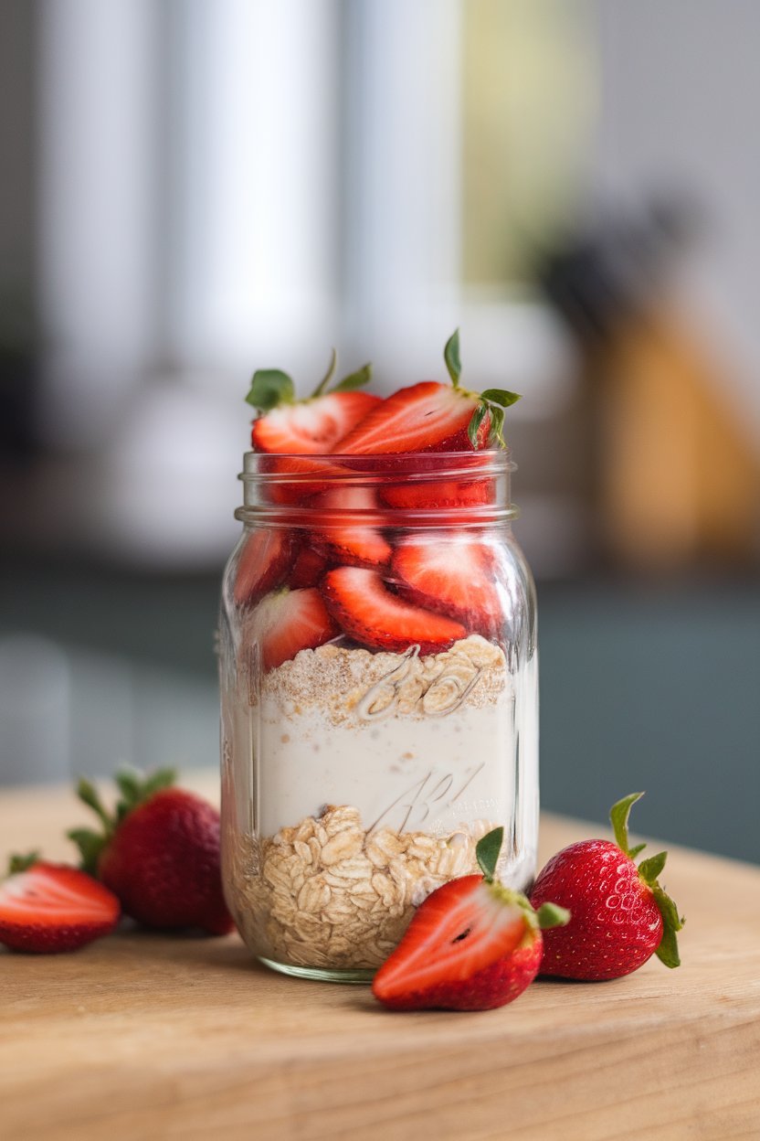 A mason jar indoors filled with layered oats, protein powder milk mix, and sliced strawberries on top; no logos.
