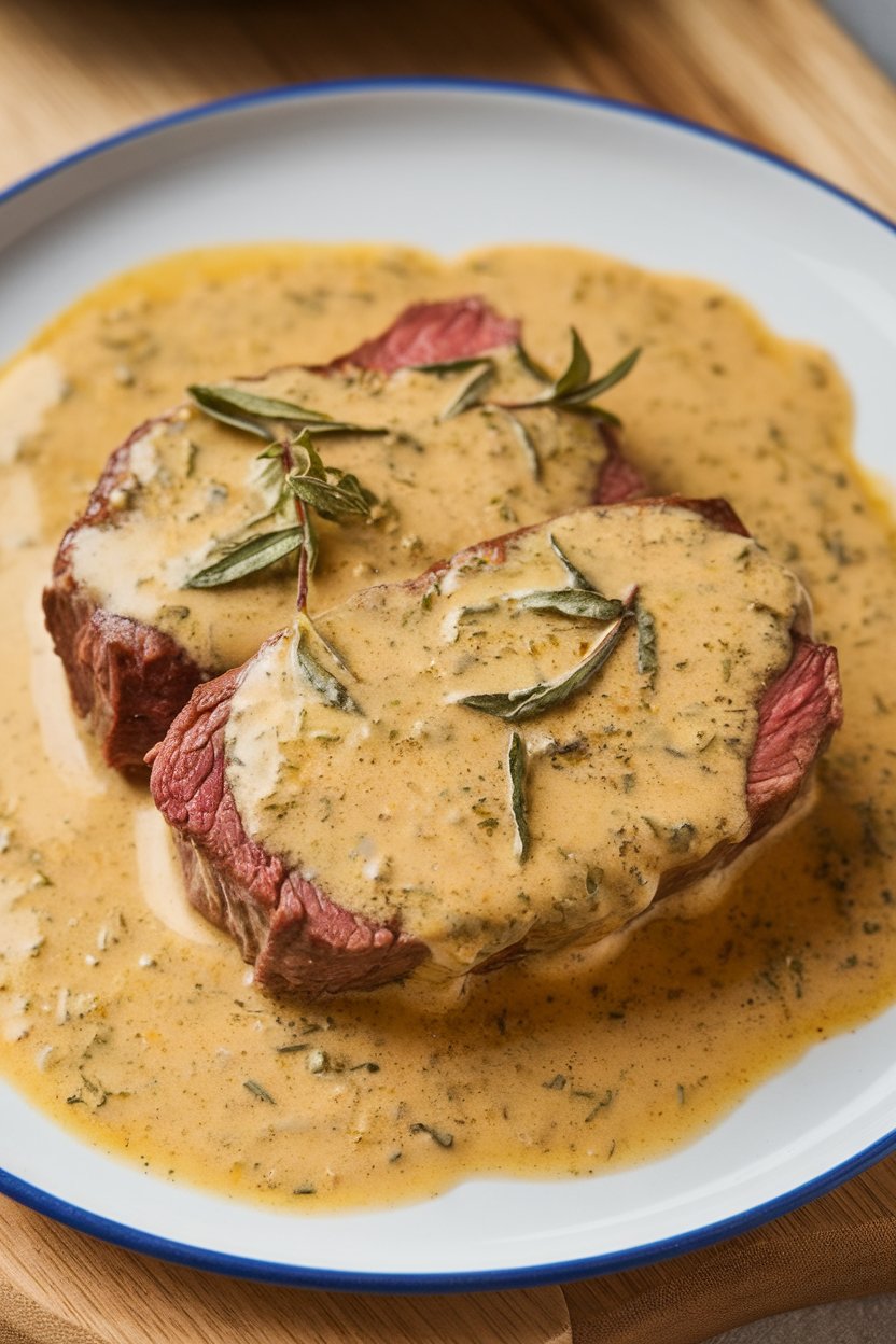 Indoor plate of beef covered in creamy Dijon-tarragon sauce, tarragon leaves scattered. No logos or text.