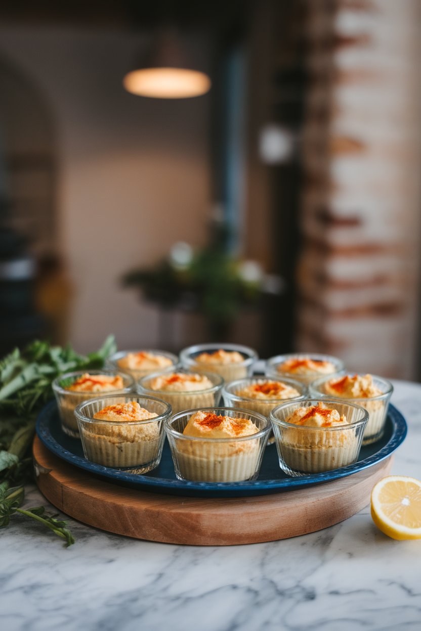 Indoor tray of small glass ramekins filled with hummus, topped with olive oil and paprika, no text or logos