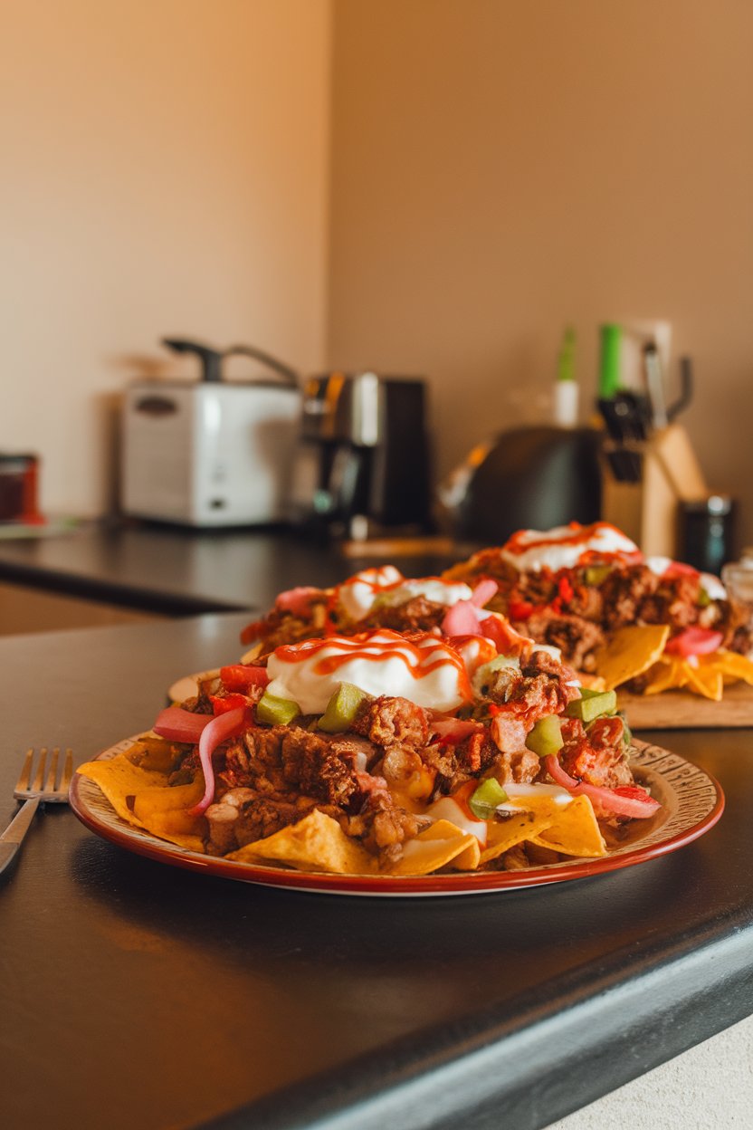 Indoor countertop showing nachos with seasoned pork, pickled veggies, melted mozzarella, and sriracha mayo; no text or logos, photo not illustration.