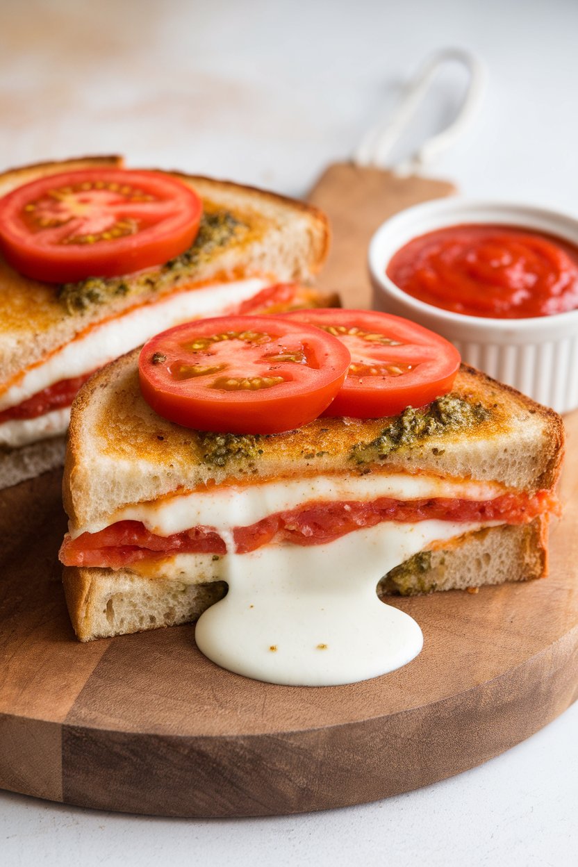 An indoor table showing a halved grilled cheese sandwich oozing mozzarella, bright pesto, and tomato slices, set on a wooden board beside a small ramekin of marinara. No text or logos. Photo only.
