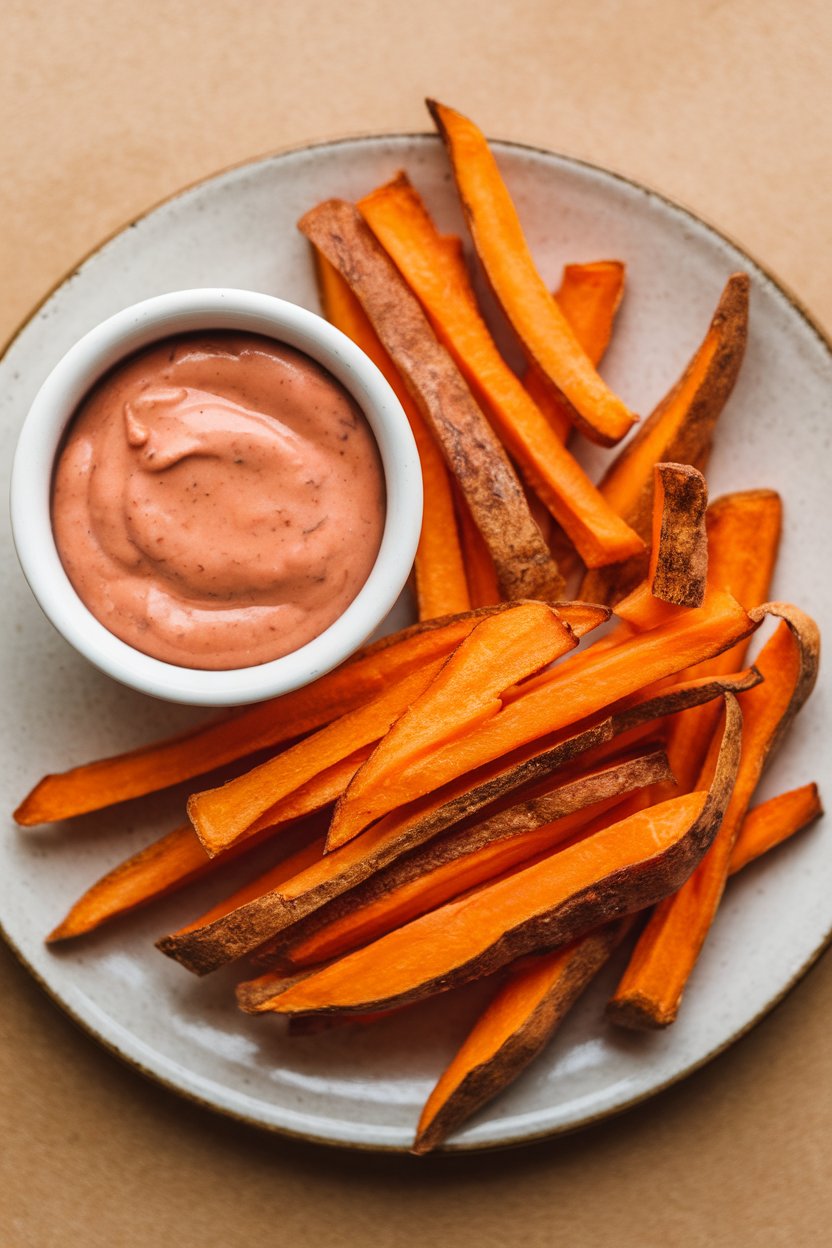 Indoor photo of orange sweet potato fries next to a small bowl of chipotle mayo, no text or logos.