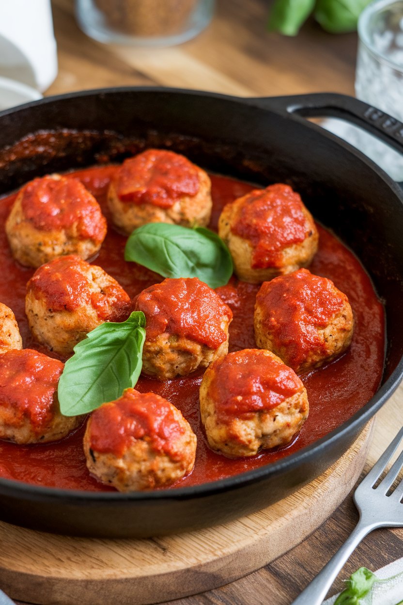 Indoor cast-iron skillet filled with chicken meatballs in marinara sauce, sprinkled with melted mozzarella, no text or logos. Photo only.