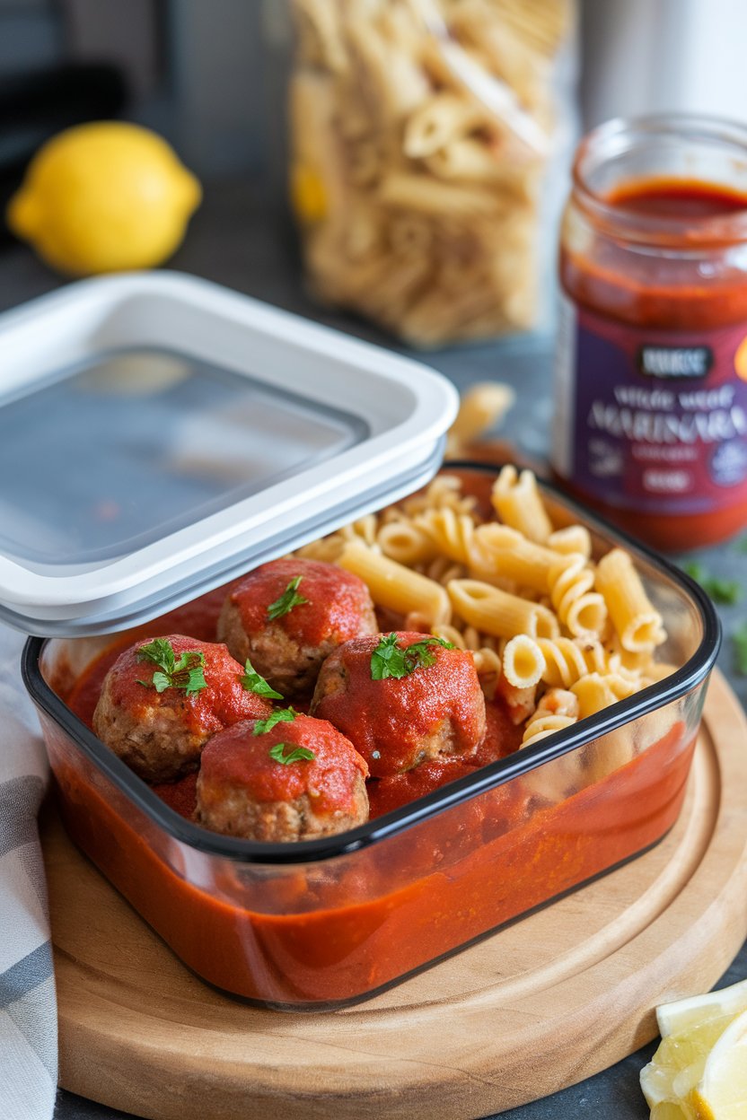 Indoor photo of a meal-prep container holding baked turkey meatballs in marinara sauce, sprinkled with parsley, alongside whole-wheat penne. No text or logos.