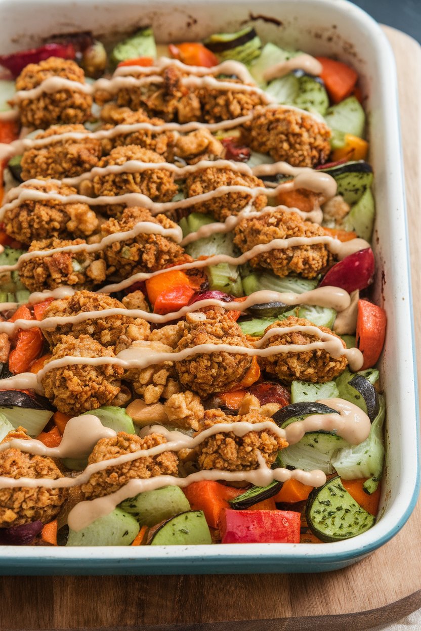 Indoor photo of crumbled falafel, roasted vegetables, and tahini drizzle baked together in a casserole dish. No visible branding.