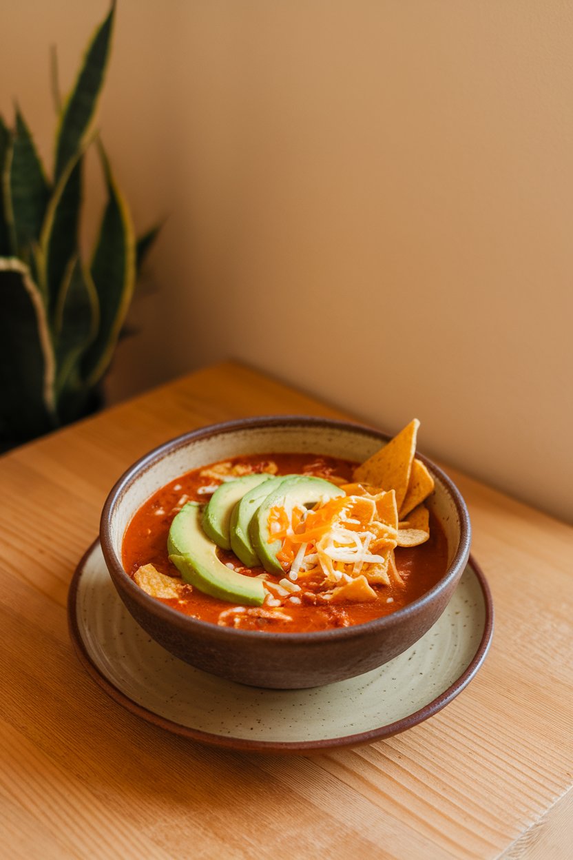 An indoor tabletop featuring a bowl of chicken tortilla soup garnished with avocado, shredded cheese, and crisp tortilla strips; photo only, no text or logos.