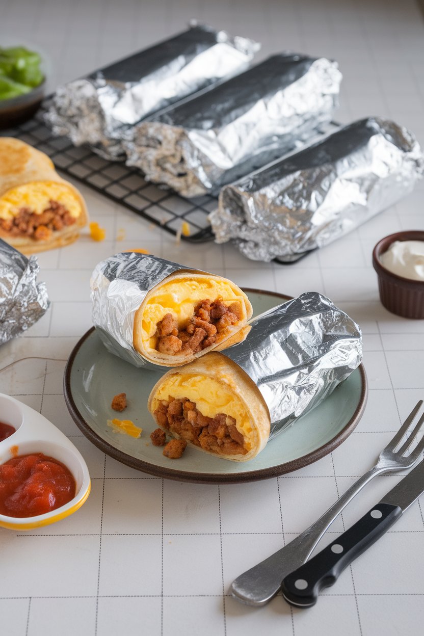Indoor kitchen table showing foil-wrapped breakfast burritos, one sliced to reveal fluffy eggs, sausage crumbles, and peppers. No text or logos.