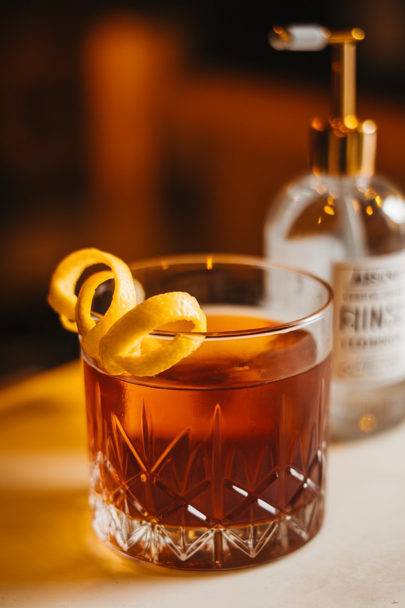 Warmly lit indoor close-up of a short rocks glass holding a deep amber cocktail, lemon twist curling over the rim, absinthe rinse atomizer in background, no text or logos, photo