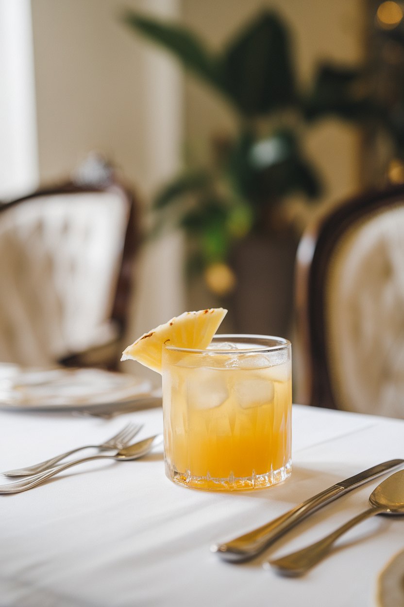 A softly lit indoor dining table with a short tumbler of golden pineapple juice over ice, garnished with a thin slice of candied ginger. No logos or text. Photo only.