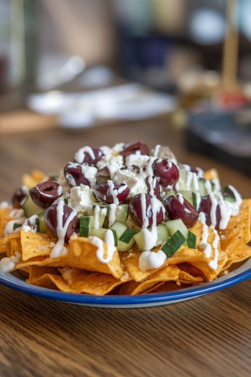 Indoor table showing nachos topped with olives, diced cucumber, feta, and tzatziki drizzle; no text or logos, photo not illustration.
