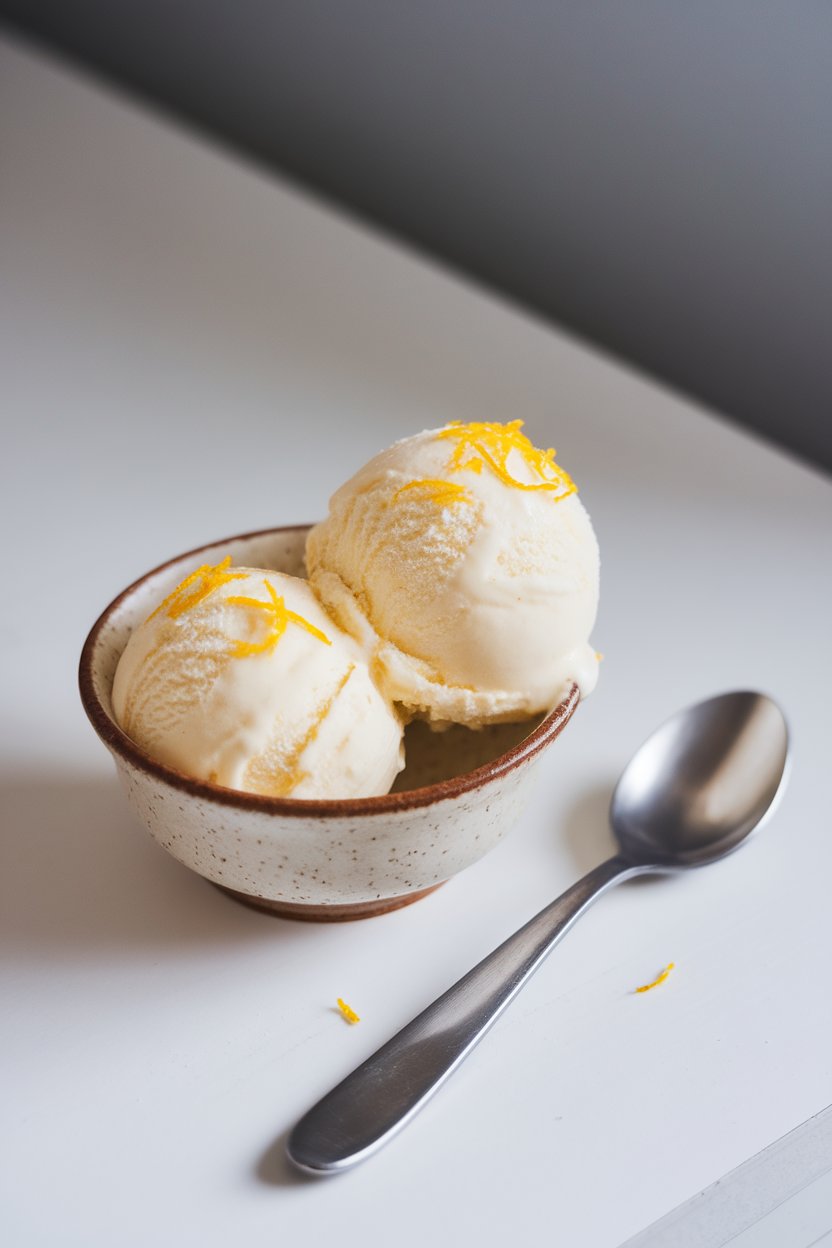 Indoor photo of two scoops of pale ice cream in a small bowl, dusted with lemon zest, spoon beside it. No text or logos visible.