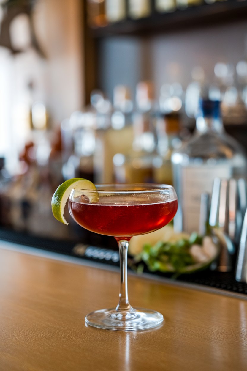Indoor bar with a small coupe of deep reddish-brown Palmetto, lime twist resting on rim, no text or logos. Photo only.