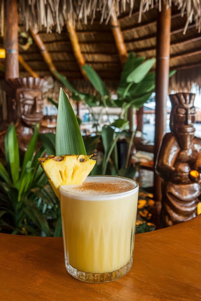 Indoor tiki bar glass of creamy yellow drink, grated nutmeg on top, pineapple leaf garnish. No text or logos.