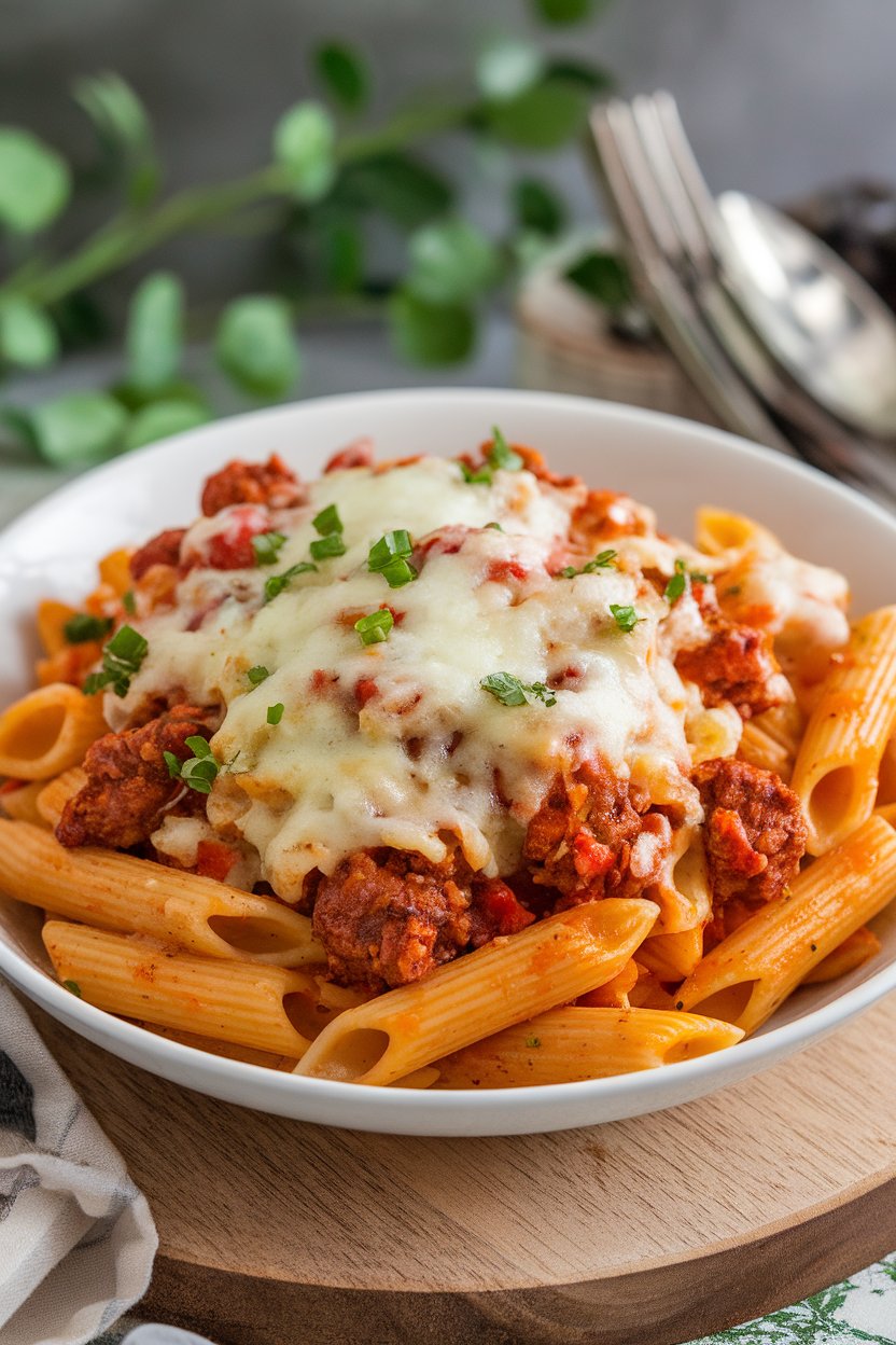 Indoor photo of penne coated in spicy Cajun cream sauce with crumbled andouille sausage and peppers, cheese browned on top. No visible branding.