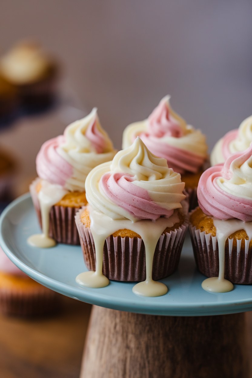 Photo of swirled cupcakes with cream cheese glaze dripping, indoor, no text or logos