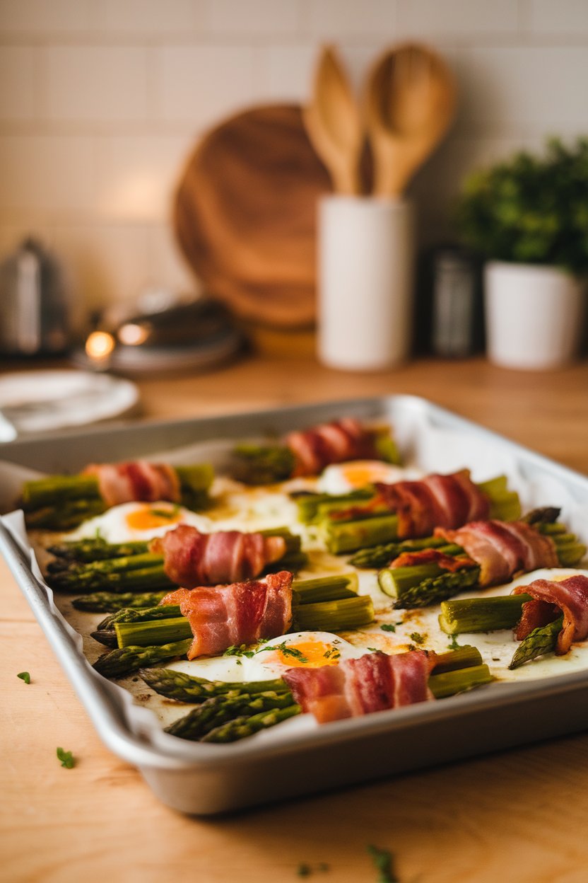 A kitchen table scene showing a sheet pan lined with bacon-wrapped asparagus spears cradling soft-baked eggs, photographed indoors. No text or logos.