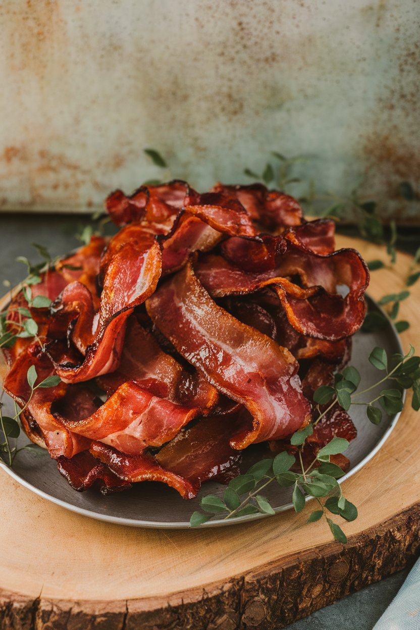 Indoor platter of twisted bacon strips coated in shiny maple glaze, slight char on edges. No text or logos.